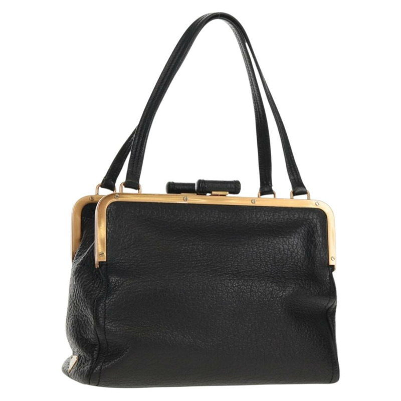 【日本直送】PRADA Gamaguchi 手提包 皮革 黑色 金色 正品 yk19666V-0