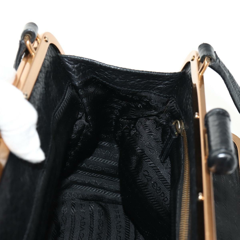 【日本直送】PRADA Gamaguchi 手提包 皮革 黑色 金色 正品 yk19666V-20