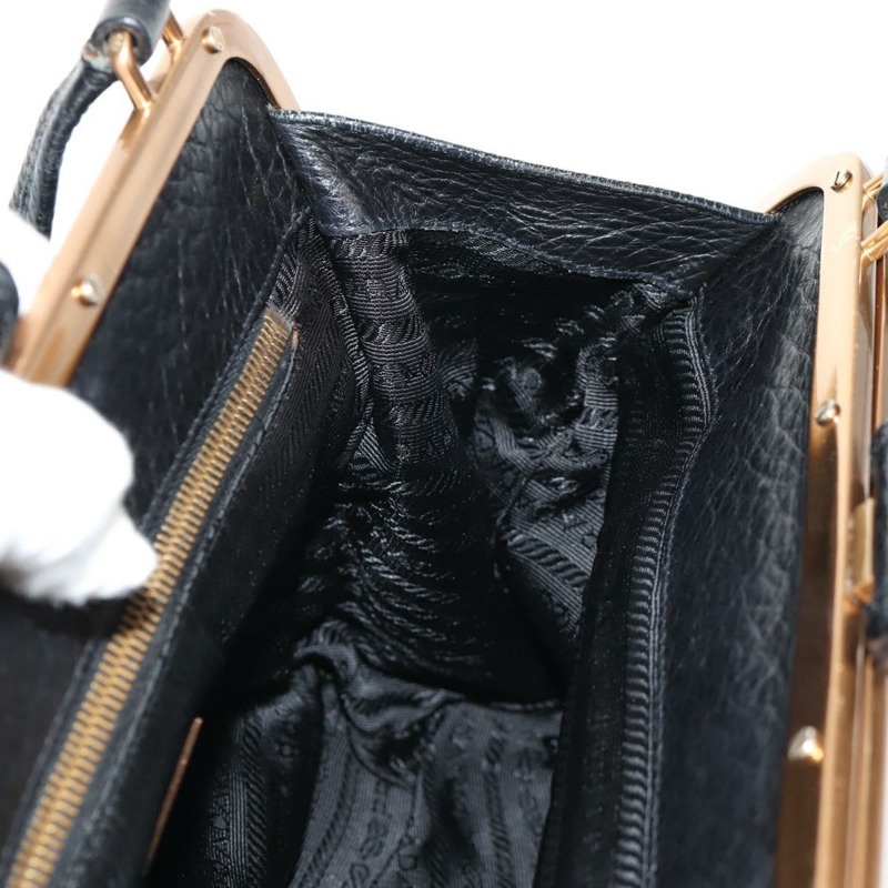 【日本直送】PRADA Gamaguchi 手提包 皮革 黑色 金色 正品 yk19666V-21