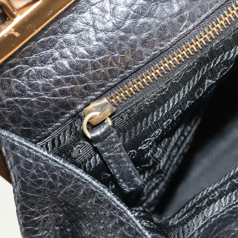【日本直送】PRADA Gamaguchi 手提包 皮革 黑色 金色 正品 yk19666V-22