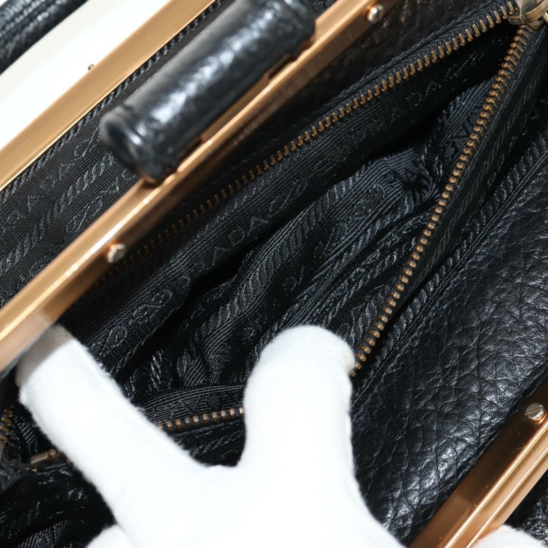 【日本直送】PRADA Gamaguchi 手提包 皮革 黑色 金色 正品 yk19666V-23