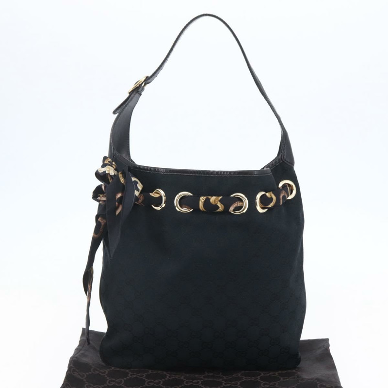 【日本直送】GUCCI GG帆布肩背包 黑色 金色 155563 正品 147670V-11