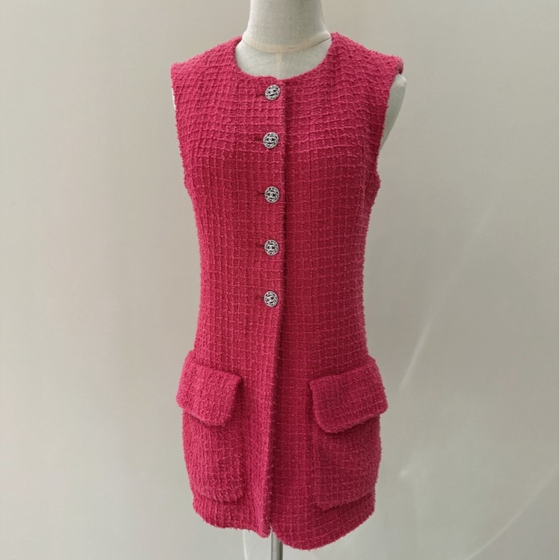 CHANEL 22S玫紅色粗花呢無袖馬甲連衣裙 36碼-0