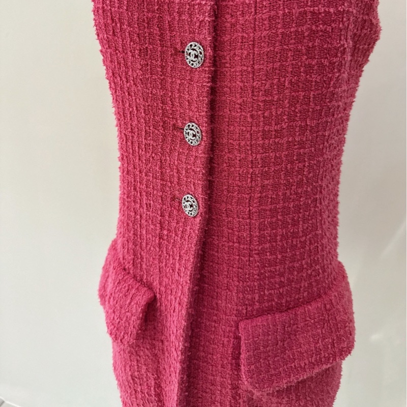 CHANEL 22S玫紅色粗花呢無袖馬甲連衣裙 36碼-4