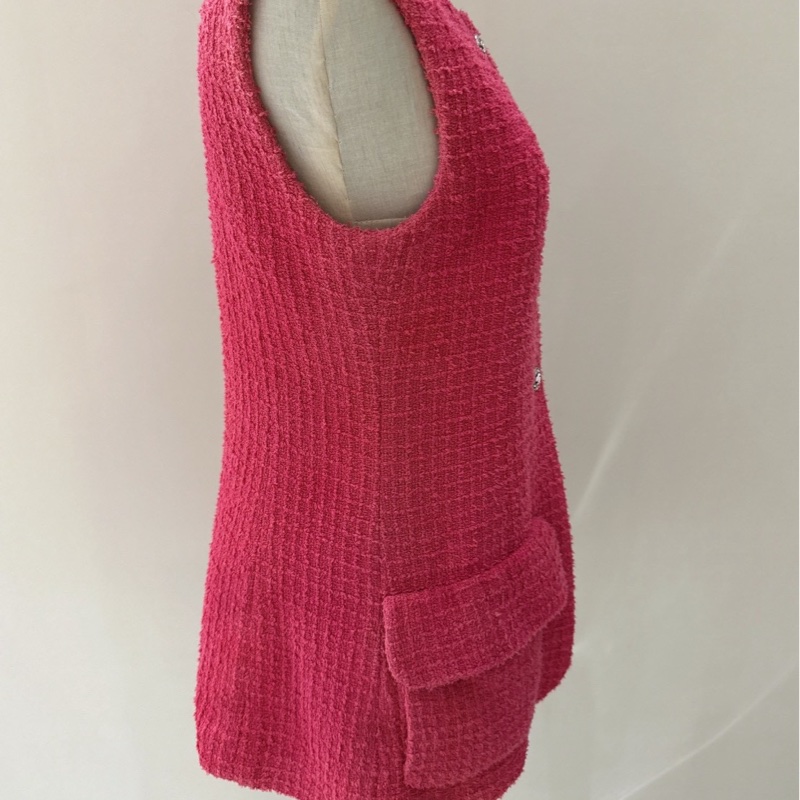 CHANEL 22S玫紅色粗花呢無袖馬甲連衣裙 36碼-7