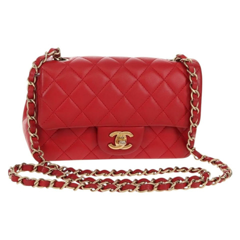 香奈兒 (CHANEL) 絎縫鏈條單肩包，羊皮材質，紅色，金色雙C標誌，貨號 140363M