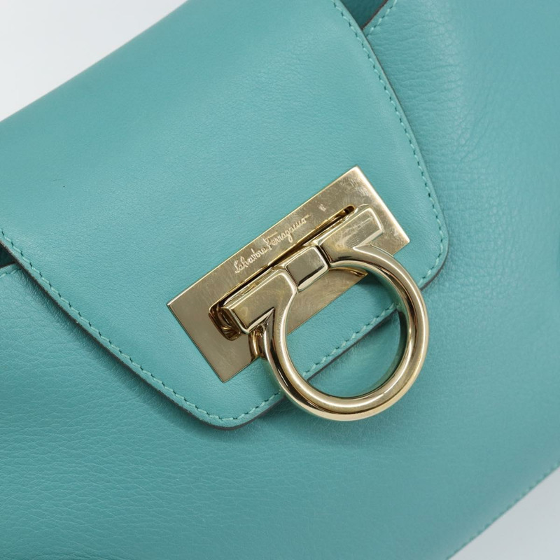 【日本直送】Salvatore Ferragamo Gancini 手提包，皮革材質，綠松石藍金色，正品，貨號 130837V-17