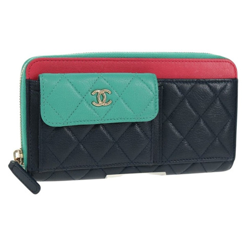 香奈兒 (CHANEL) Matelasse Cruise Line 長版皮夾 海軍藍 金色 CC 標誌 Auth 147564V