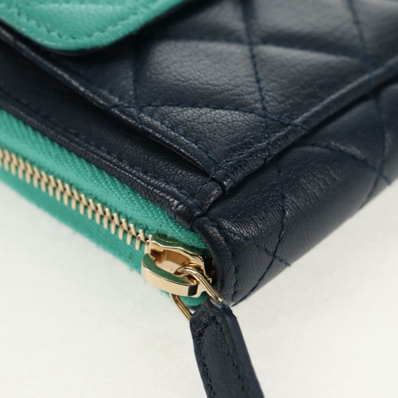 【日本直送】香奈兒 (CHANEL) Matelasse Cruise Line 長版皮夾 海軍藍 金色 CC 標誌 Auth 147564V-7