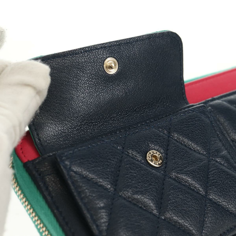 【日本直送】香奈兒 (CHANEL) Matelasse Cruise Line 長版皮夾 海軍藍 金色 CC 標誌 Auth 147564V-12