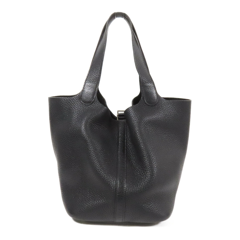 HERMES Clemence皮革Picotin MM銀扣手挽袋Noir-1