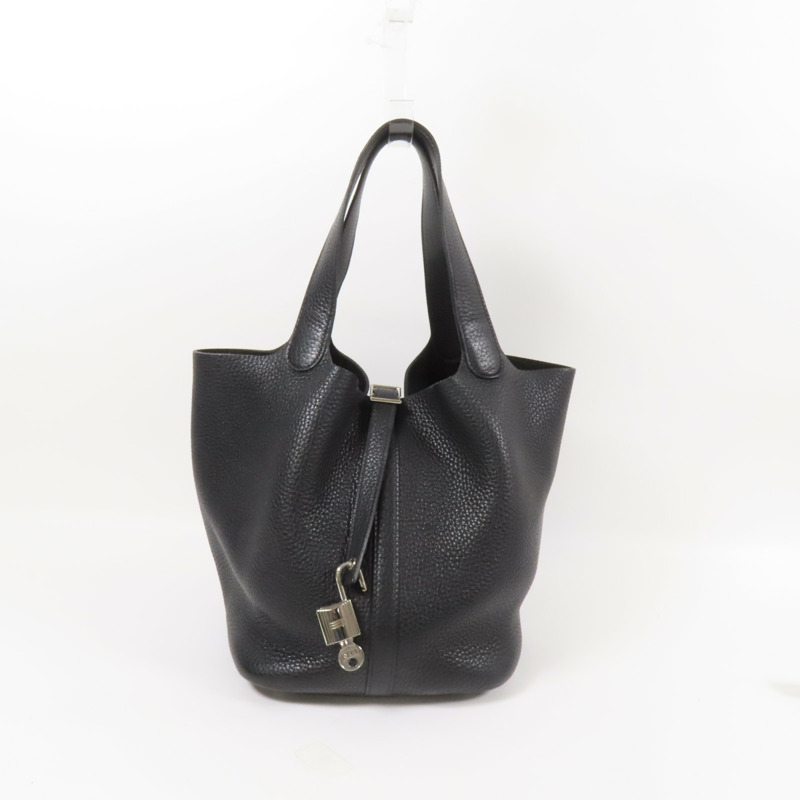 HERMES Clemence皮革Picotin MM銀扣手挽袋Noir-9
