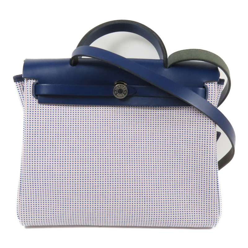 HERMES 帆布Herbag PM銀扣手挽肩背兩用袋Maue/Bleu-0