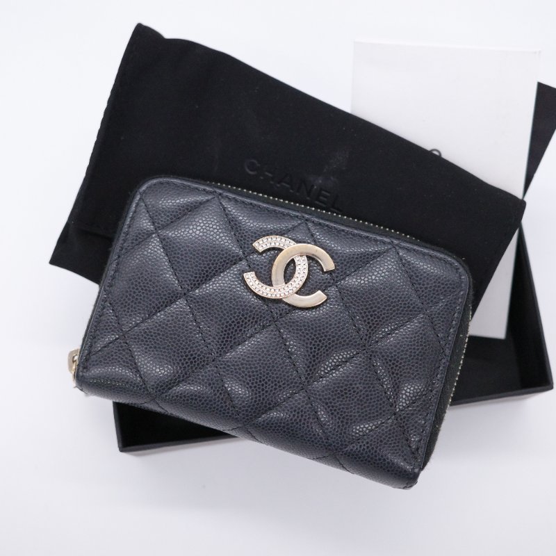Chanel 香奈兒 CC Logo  黑色牛皮 拉鍊錢包 零錢包 卡包-0