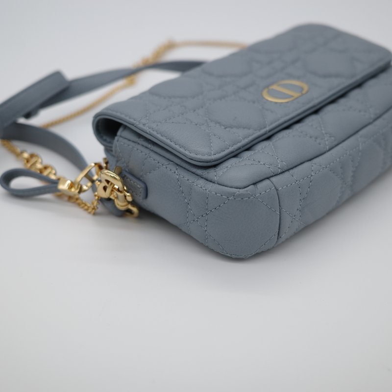 配件齊全【超級新🌟小編推薦】 Dior 迪奧 Caro Chain Pouch 霧霾藍 淡藍色 牛皮 藤格紋 拉鍊 鏈帶包 斜挎包 ｜專櫃 141,000-5