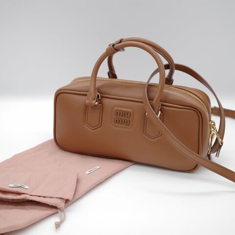 MiuMiu 繆繆 Arcadie 焦糖色 深棕色 羊皮 中型 27cm 手提包 斜挎包 保齡球包