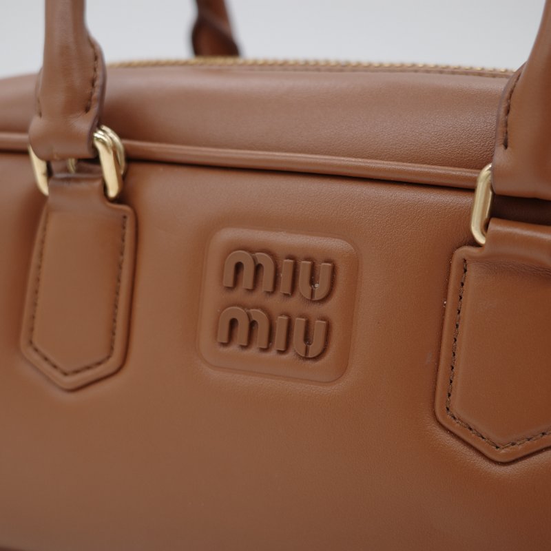 MiuMiu 繆繆 Arcadie 焦糖色 深棕色 羊皮 中型 27cm 手提包 斜挎包 保齡球包-6