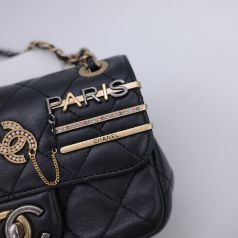 22C限量款 Chanel 香奈兒  CF18 CF Mini 珍珠墜飾 水鑽Logo 黑色羊皮 鏈帶包 口蓋包 斜跨包-8