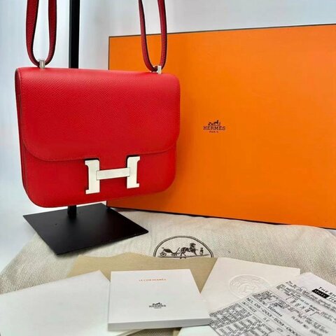 HERMES 辣椒紅銀扣19康康肩背斜背包 19*15*4 99新配件盒子塵袋購證