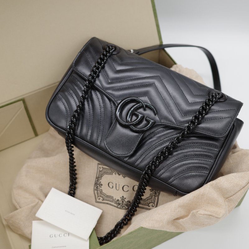 【CP 精選🌟小編推薦】Gucci 古馳 Marmont 26 黑武士 全黑 So Black 牛皮 黑色鏈帶 單肩包 斜挎包｜專櫃 12萬-0