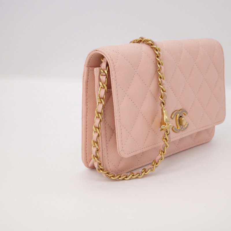 晶片款【收藏級♥️超稀有全網唯一】Chanel 香奈兒 淡粉色 牛皮 淡金扣 鏈帶星星 溜冰鞋錢包 單肩包 斜挎包 鏈帶錢包-4