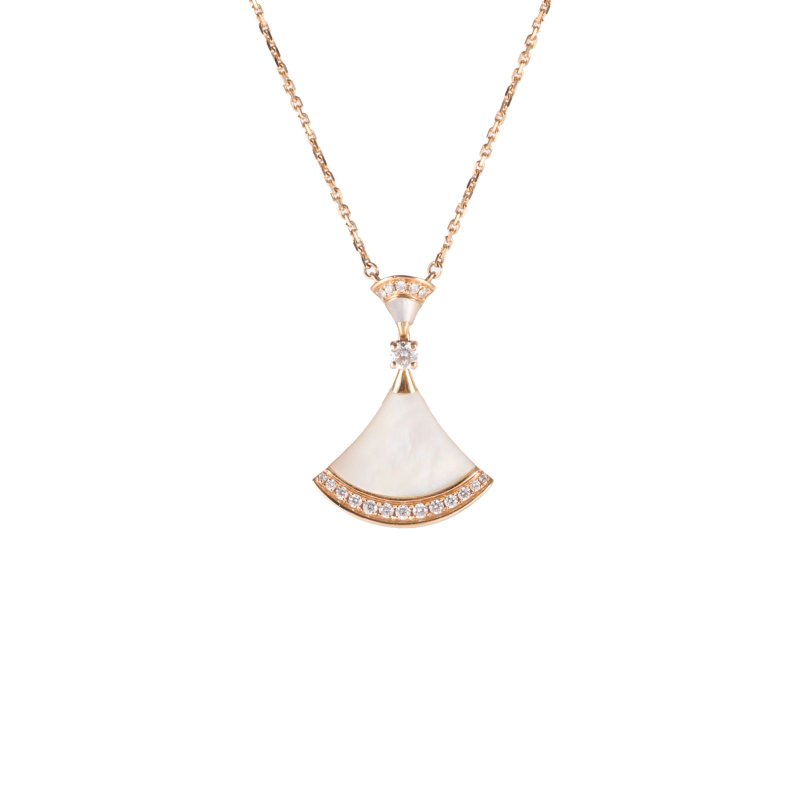 BVLGARI DIVASDREAM邊鑲鑽18K金裙擺大扇子18K玫瑰金/鑽石/白貝母項鏈玫瑰金鑽石項鍊-0