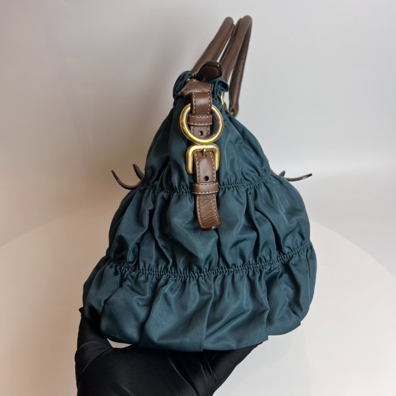 PRADA 藍綠色皺褶手提斜背包-3