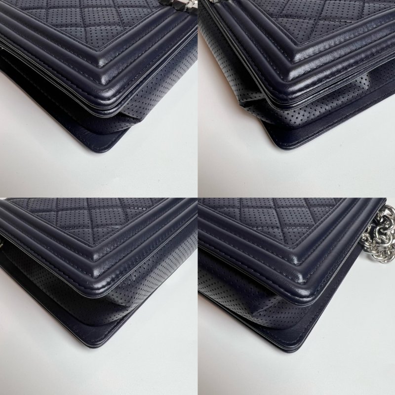 CHANEL 19開 深藍銀扣牛皮洞洞BOY28-11