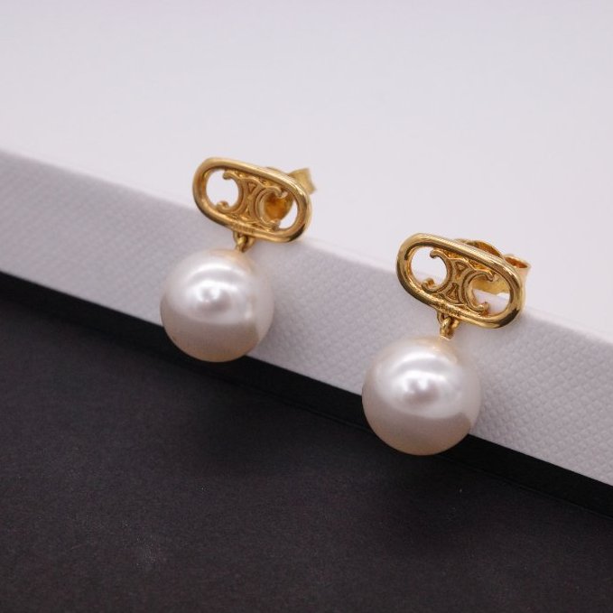 Celine 思琳 經典 Logo 珍珠吊墜 耳環 耳釘 耳墜-0