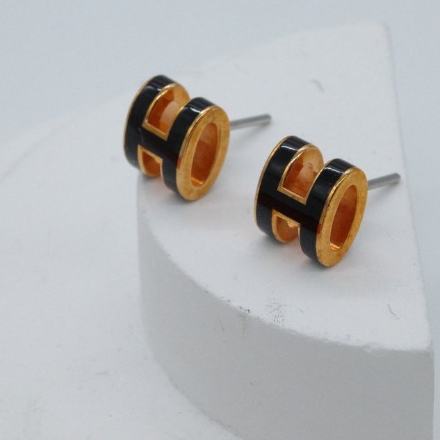 Hermès 愛馬仕 黑色琺瑯 玫瑰金色 Pop H 耳環 耳釘-4