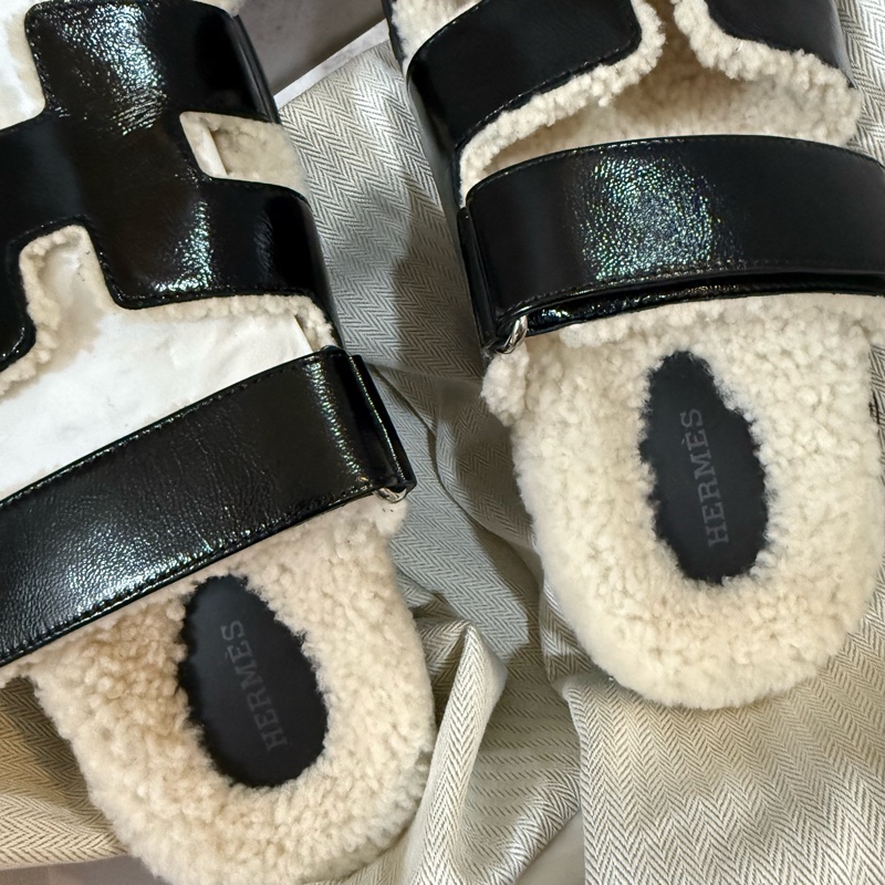 💖Hermes 二舅 毛毛拖鞋 黑色💖 全新 37.5號-1