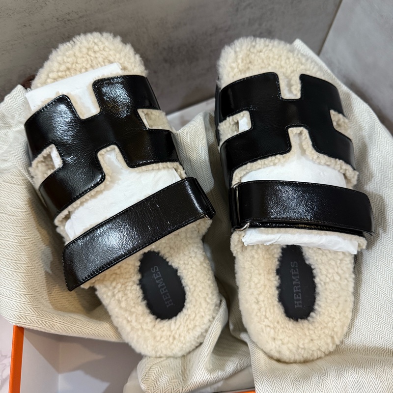 💖Hermes 二舅 毛毛拖鞋 黑色💖 全新 37.5號-8
