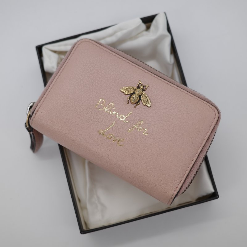 Gucci 古馳 粉色牛皮 瑪格麗特 女王蜂 零錢包 卡包 卡夾-0