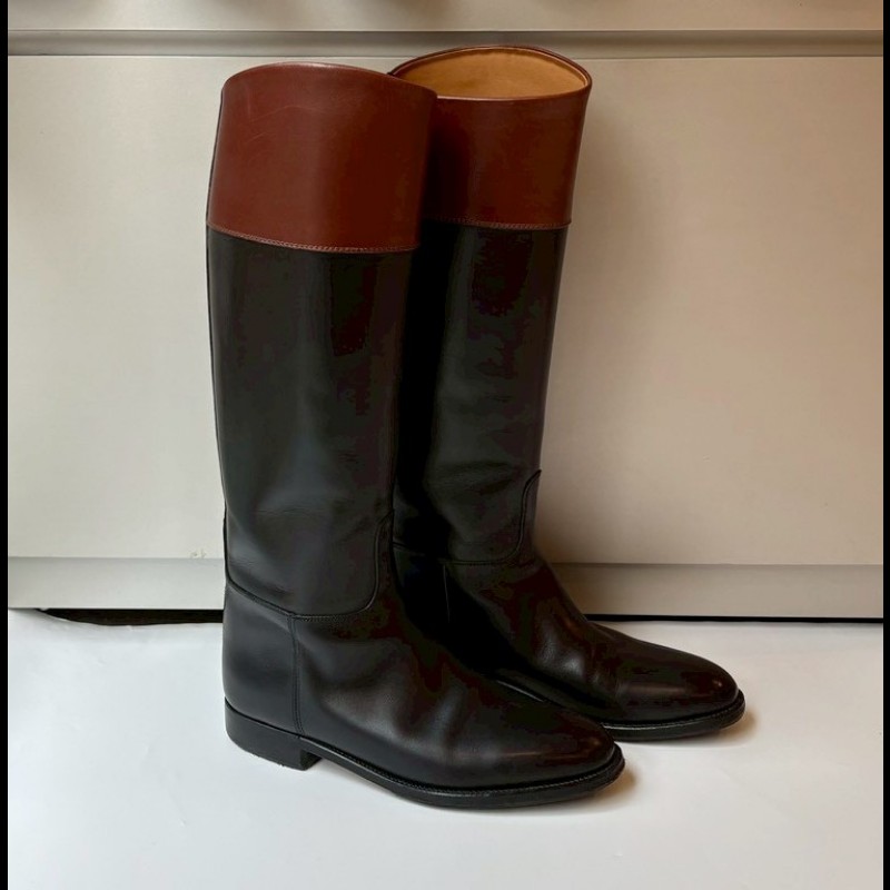 Hermes 咖邊黑皮革平底長靴-1