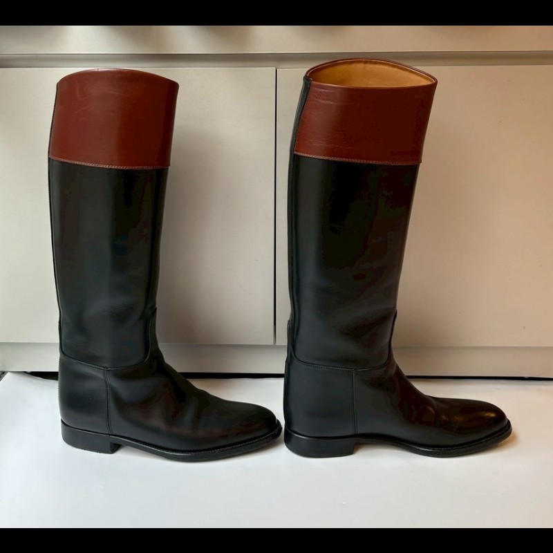 Hermes 咖邊黑皮革平底長靴-2