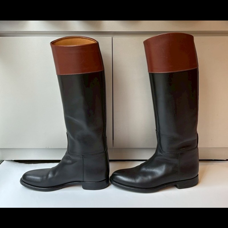 Hermes 咖邊黑皮革平底長靴-3
