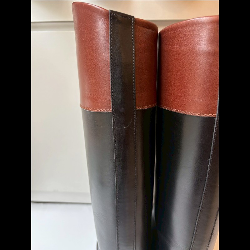 Hermes 咖邊黑皮革平底長靴-4