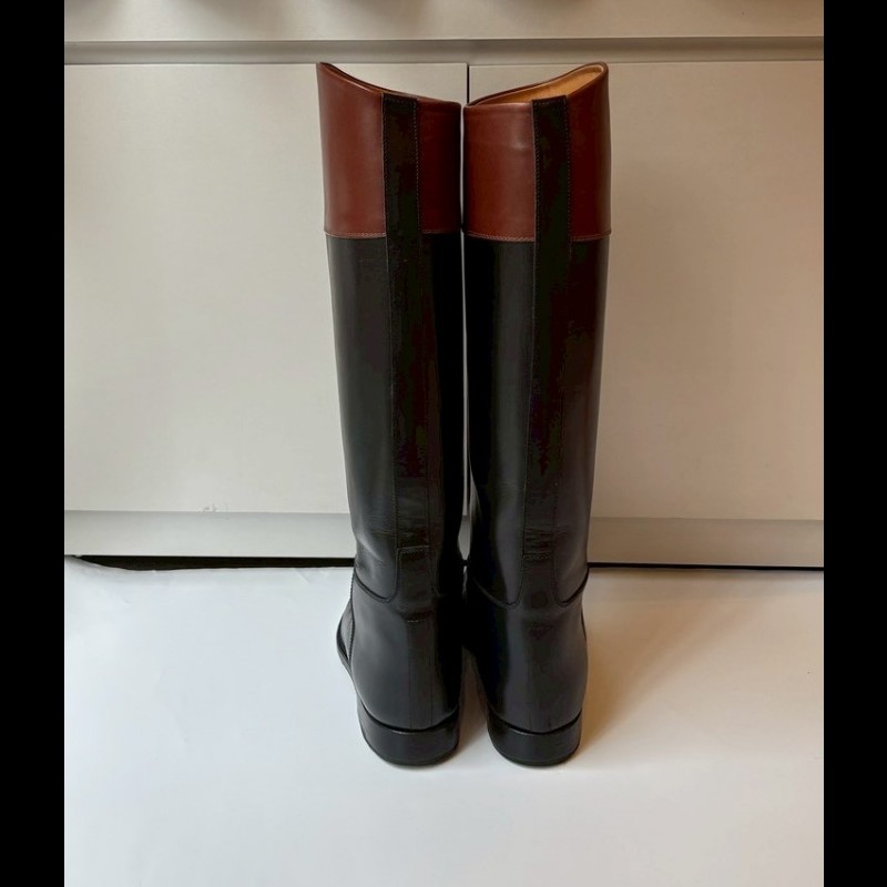 Hermes 咖邊黑皮革平底長靴-7