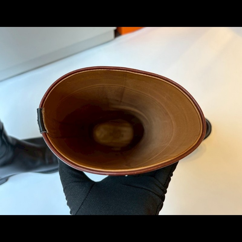 Hermes 咖邊黑皮革平底長靴-10