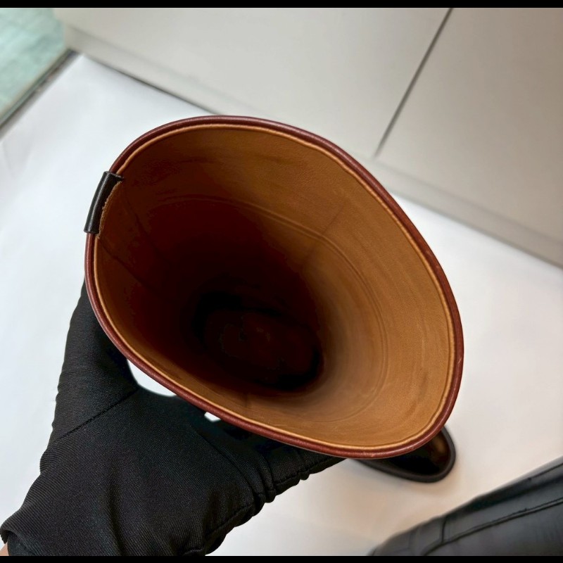 Hermes 咖邊黑皮革平底長靴-11