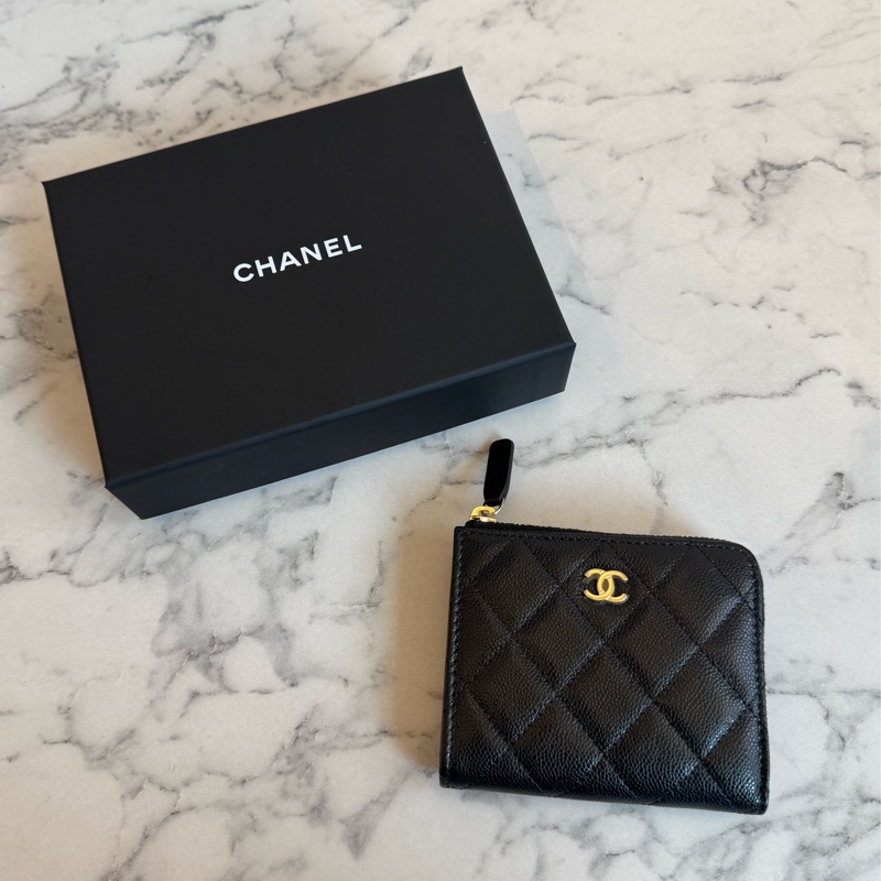 Chanel黑荔枝金雙C L型拉鏈零錢包-0