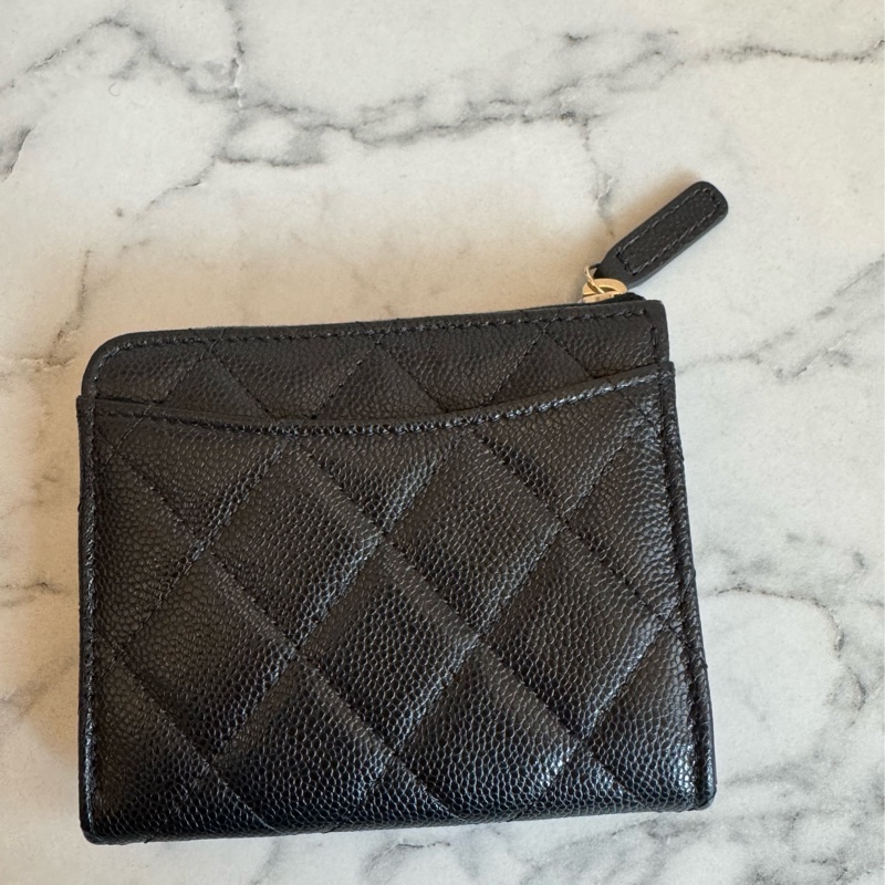 Chanel黑荔枝金雙C L型拉鏈零錢包-6