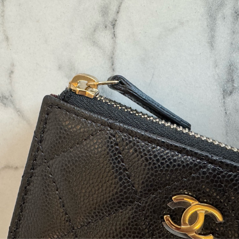 Chanel黑荔枝金雙C L型拉鏈零錢包-19