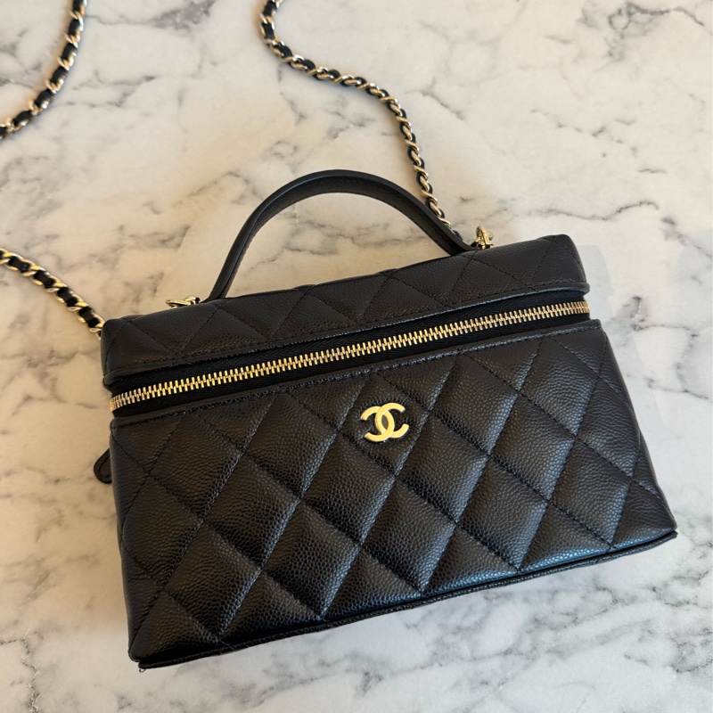 chanel黑荔枝金雙C飯盒手提兩用包-1