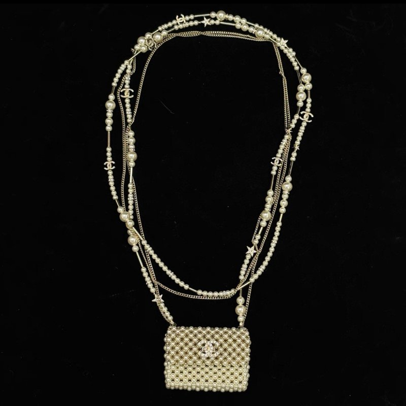 CHANEL 編織珍珠包包滿鑽星星雙C毛衣項鍊 鏈長122cm 99新配件盒子塵袋-0
