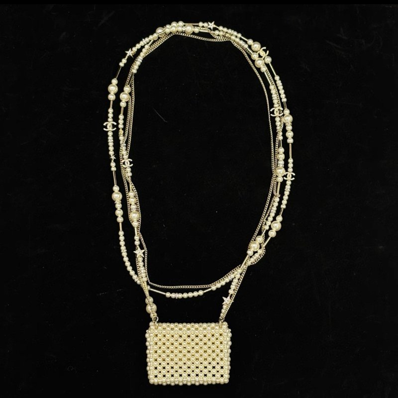 CHANEL 編織珍珠包包滿鑽星星雙C毛衣項鍊 鏈長122cm 99新配件盒子塵袋-2