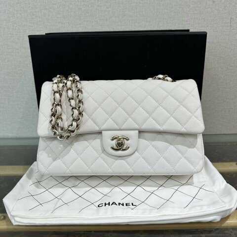 CHANEL 荔枝牛皮白金CF肩背斜背包中號 芯片款 25*15*6 98新配件盒子塵袋