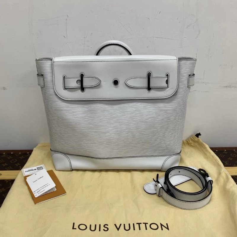 LV Steamer白色水波紋手提肩背斜背包 39*32*15 98新配件塵袋-0