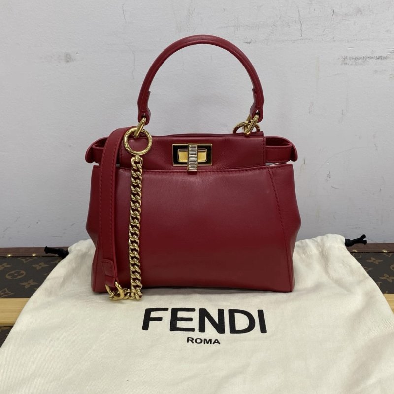 FENDI peekaboo mini紅金鑽扣肩背斜背手提包 19*16*6cm 98新配件塵袋-0