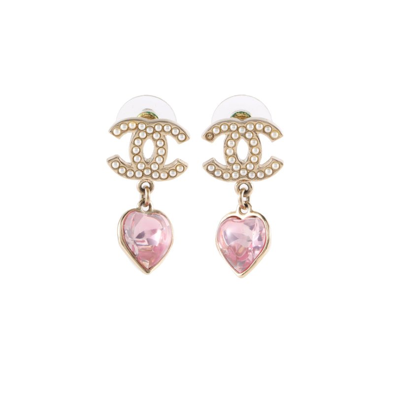 CHANEL 合金22B珍珠雙C粉鑽愛心耳環耳環-0
